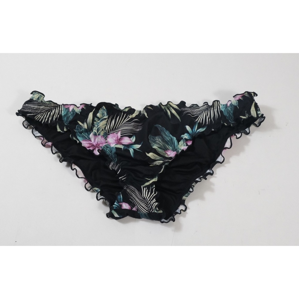 Shade & Shore Bikini Bottom Women Large Black Tropical Floral Ruffle Ruched Swim